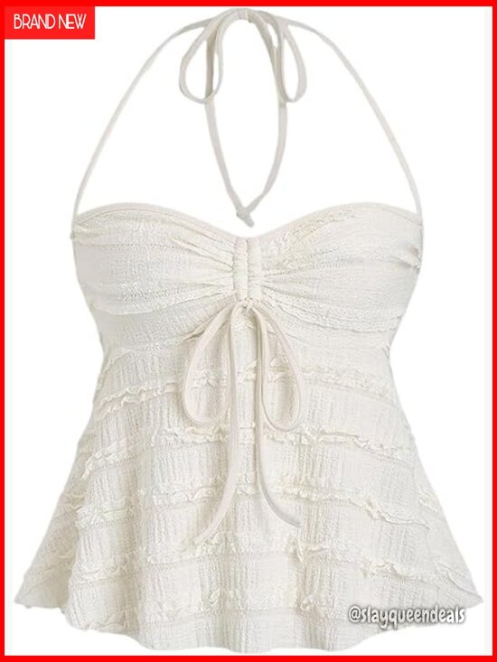 Tops - Y2K Babydoll Top Lace Trim Halter Neck Tie Front Strapless Peplum Tops Summer
